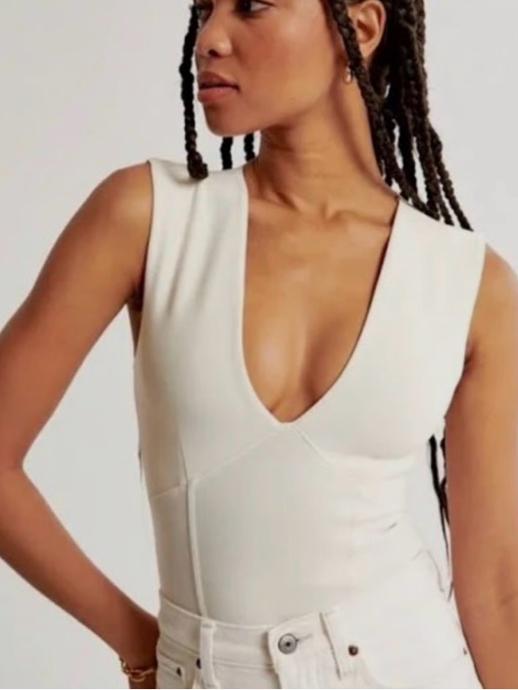 Abercrombie Crepe Plunge Bodysuit In Cream